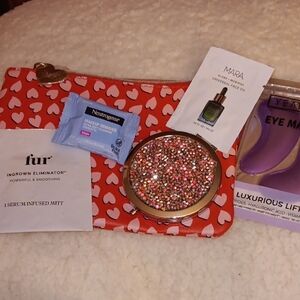 IPSY Red Heart Patterned Pouch with Accessories